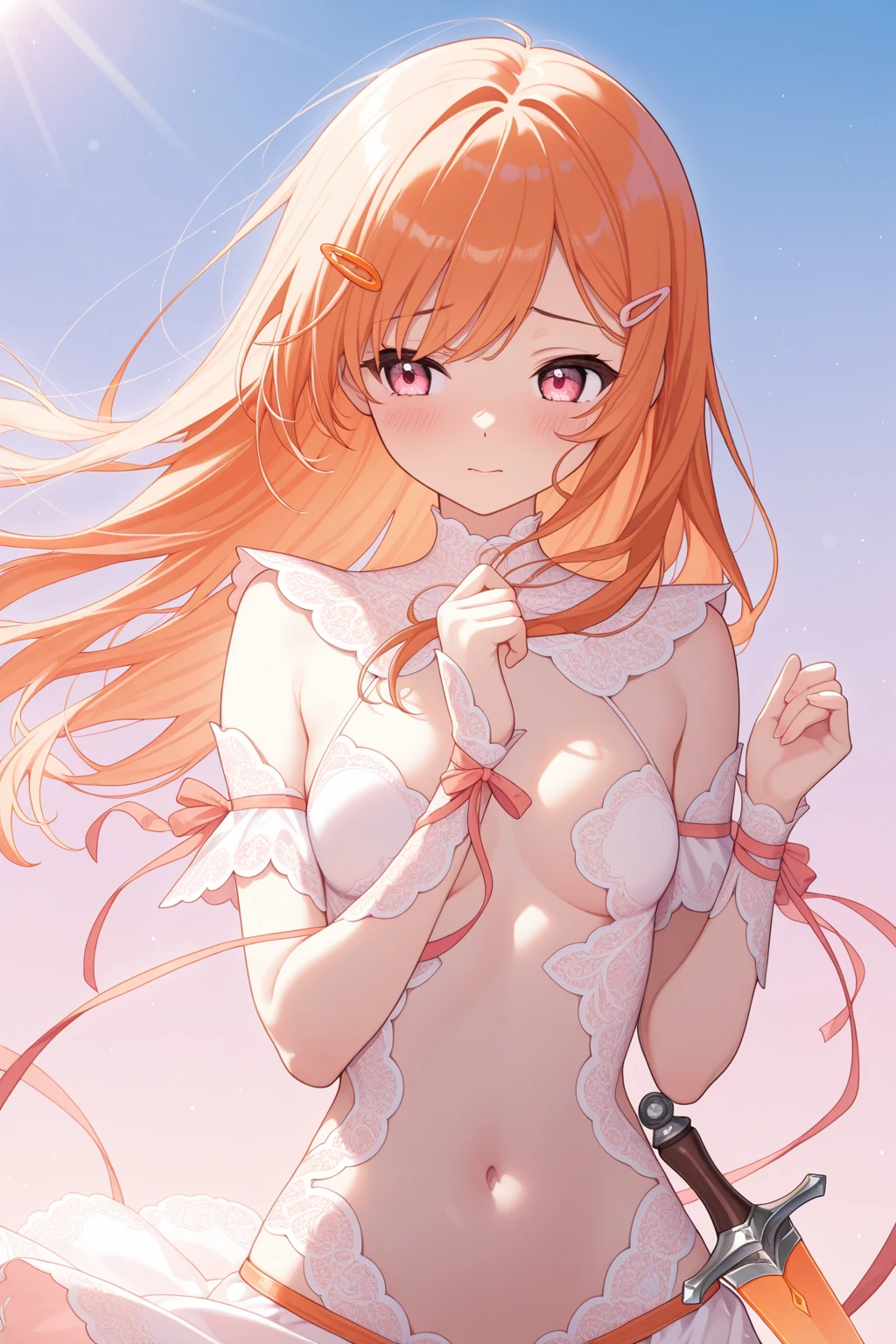 Dynamic posing, dynamic angle, Arrange pose,Top quality work,Show Legs,sexy, ((wavy hair, pale skin, long light ginger hair),((light blue eyes)), freckles, 16 years old, Rose cheeks, Pretty cute Face, A perfectly proportioned face,full-body view, amazing, small round chest、Beautiful eye details、Beautiful eyelashes、beautiful double eyelid, with blush cheeks, transparent nightwear