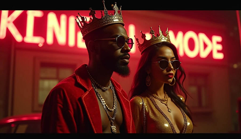 Anuel AA the reggaeton singer like a demon with many diamond chains and some sexy girls hugging him next to him 
