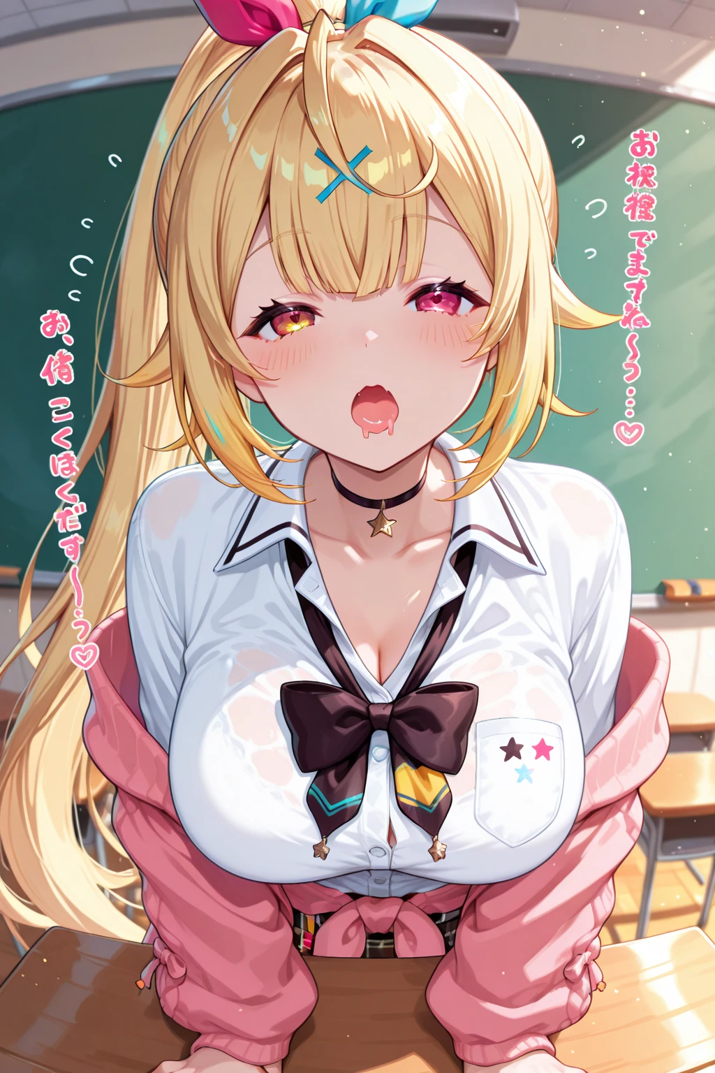 (hews art style:0.7), score_9, score_8_up, score_7_up, score_6_up, erina nakiri, long hair, blonde hair, purple eyes, BREAK (masterpiece:1.2), best quality, high resolution, (beautiful detailed eyes:1.3), perfect lighting, (perfect hands, perfect anatomy), hearts, pleasured, medium breasts, sagging breasts, , red necktie, pleated skirt, from above, looking penis, huge horse penis, shocked, shivering, moaning, trembling, classroom, seiza,