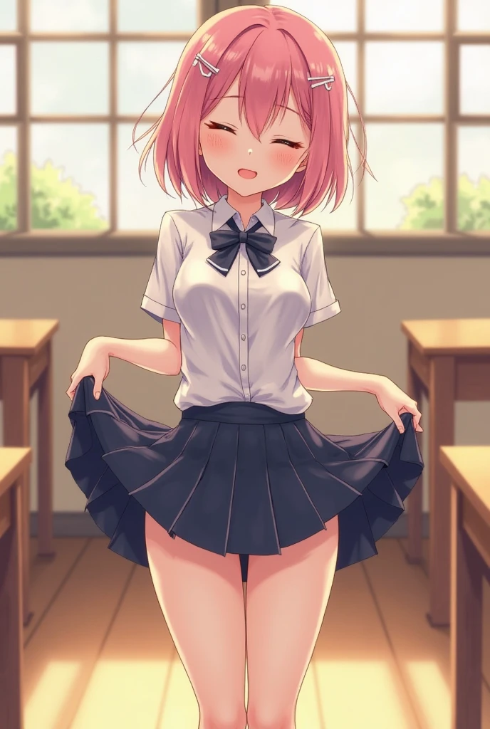 1 pretty woman, short pink hair with pigtails, small waist, skinny, small white crop top, cotton skirt, young ‎Classroom,PH Momo, momohd, phmomo, BREAK black thighhighs,, 