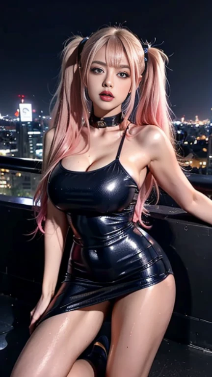 masterpiece,best quality,ultra-detailed,High detail,realistic,ornate,pink hair,blue eyes,looking at viewer,slim butt,full body portrait,smile,skinny,perfect skin,kpop,Earrings,blunt bangs,detailed clothes,cleavage,hair ornament,((black dress)),straight hair,detailed face,white lace neck ring,metal steel building:1.4,((wide angle)),ulzzang-6500-v1.1,detailed face