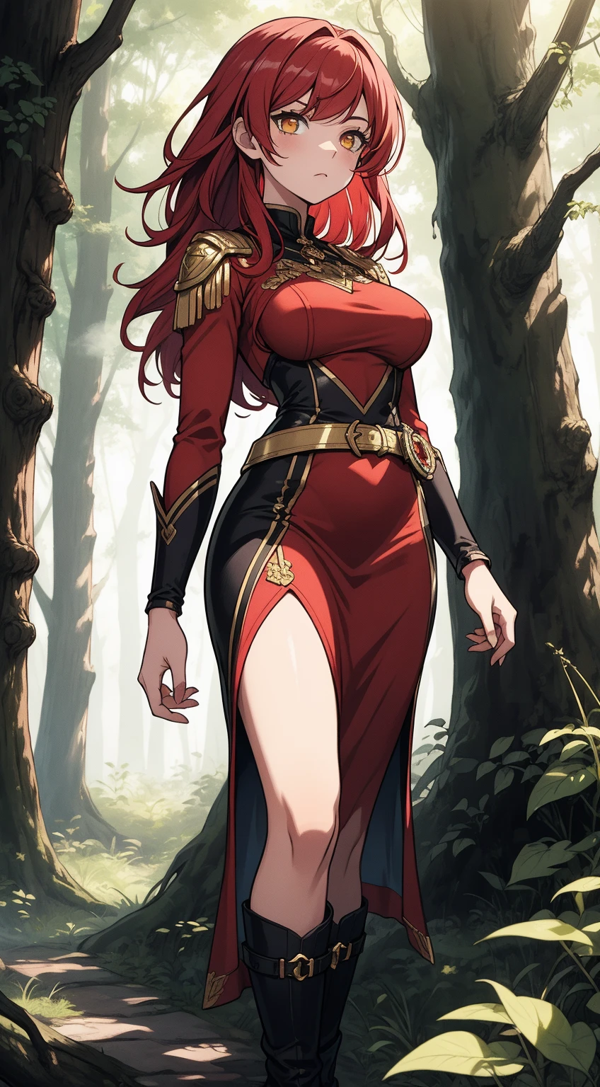 A woman wearing a red dress with yellow details, long sleeves, dressed in the medieval aesthetic of the 1700s, large breasts, red red hair, red eyes, smiling, luxury yellow fur cape, wearing a luxury madam's hat, red heels , standing on a luxurious platform, a large and luxurious mansion in the background, lawn around the house, medieval aesthetics, mountains in the background with trees,.UHD , prime work , accurate , anatomically correct , textured skin , super details , high quality , best quality, 8k, high resolution, bokeh effect. (woman solo)