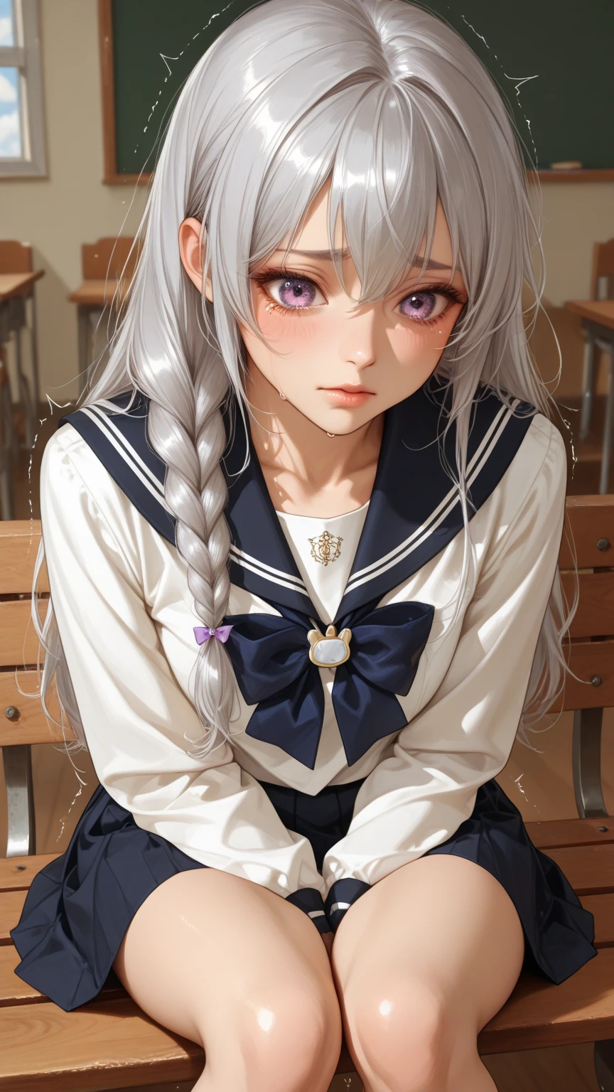 (masterpiece: 1.3), (Maximum resolution: 1.2), (Ultra HD TV: 1.2), Cinematic Light, 8K resolution, Detailed facial features , (Sharp focus: 1.2), (Focus on the face:1.2),Perfect Style, Beautiful Face, Acura, Anatomically correct, Highly detailed face and skin texture, Beautiful Eyes,Beautiful Eyes, Thin eyebrows, Glitter Eyeliner: 1 Natural Cheeks, Glowing Skin, Fair skin: 1.2, (Glossy Lips: 1.4),、 (Embarrassed look: 1.2),Highly detailed face and skin texture, Natural Cheeks, , Glossy Lips: 1.4,Perfect Style、Cleavage、Soft Breasts、(White mucus on chest:1.4)(White mucus on thighs:1.2)、 blush、A humiliating look、Anxious expression、A look of humiliation、Embarrassed look、Glare、anger、sorrow、tears、Open your knees、Spread your legs、 White underwear、Sparkly little earrings and necklace、Disheveled clothes、White panties、sweating、Thin underwear、stockings、Year: 18-year-old, A clean-cut woman,1 person、 Upward-facing chest, Black brown hair、blonde、Silver Hair、Blue-gray eyes、Greenish-gray eyes,night classroom、(High School Uniform:1.4)、masturbation behavior、Masturbation、
