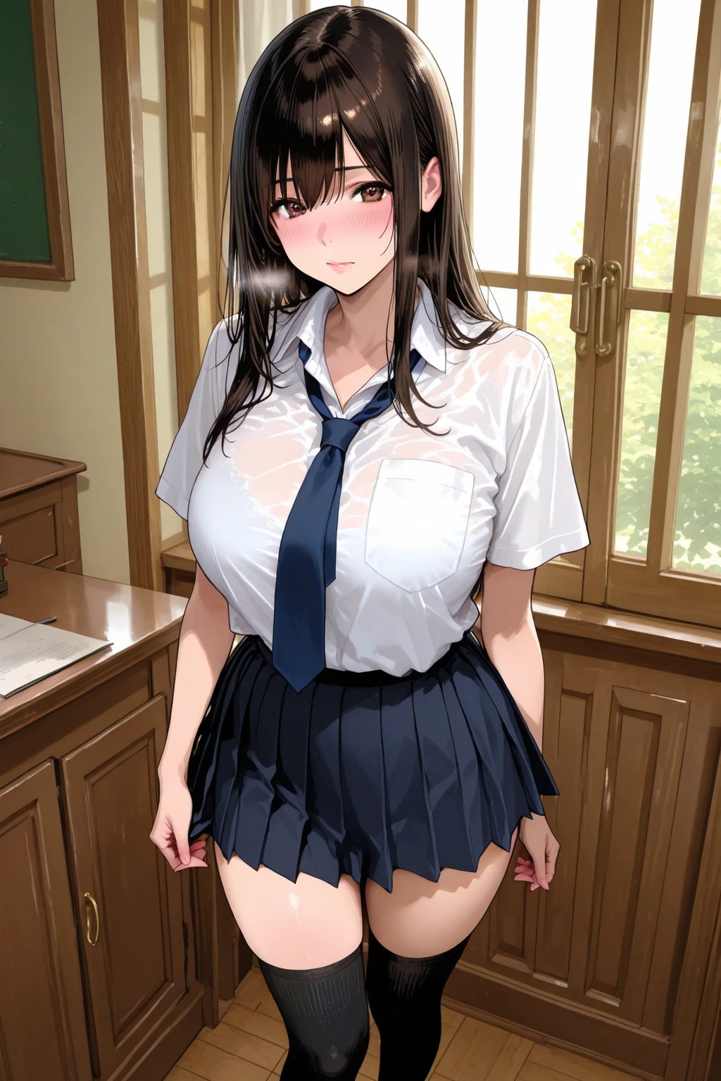 (Tabletop, Highest quality, High resolution, , Pixel perfect, 4K,), 1 girl, single, alone, Beautiful woman、I could see the whole body、 ((Wavy mid-length hair, bangs, Black Hair)), ((Brown eyes, Beautiful eyelashes, Realistic eyes)), ((Detailed face, blush:1.2)), ((Smooth texture:0.75, Realistic texture:0.65, Realistic:1.1, Anime CG style)), Large Breasts, Dynamic Angle, Perfect body, ((, female teacher, , White shirt, Dark Blue Skirt, Unbuttoned shirt、Pink lace bra、necklace、Big earrings、Spread your legs wide、Get down on one knee)), Superior、A shy smile、School classroom、evening、Sit at a desk、Angle from below、(、Lace panties)、