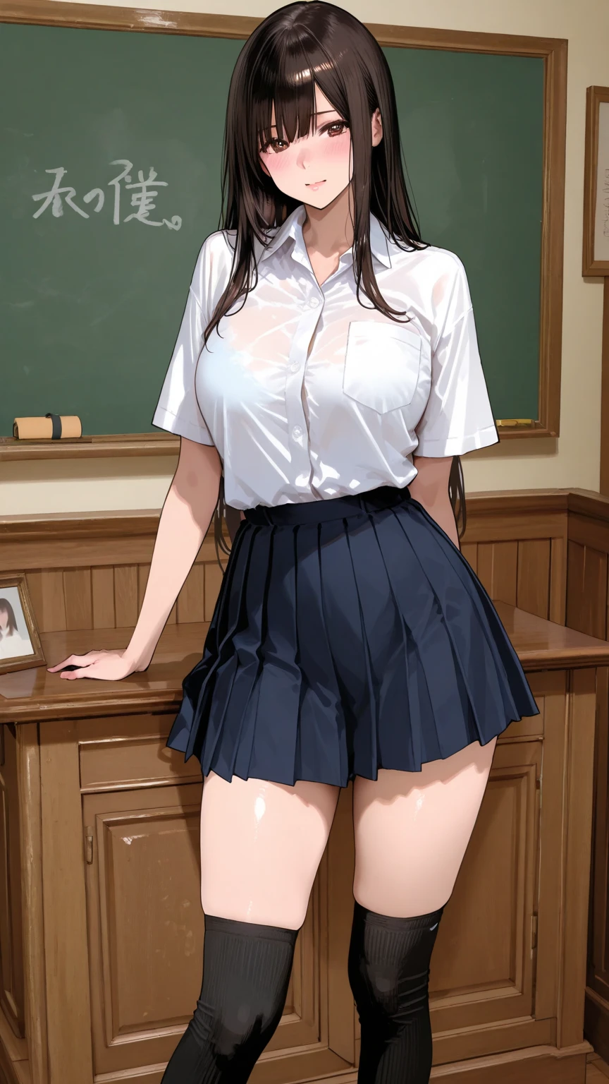score_9, score_8_up, score_7_up, score_6_up, uncensored, BREAK,
yukinoshita yukino,
1girl, mature female, solo,
looking at viewer, naughty face, half-closed eyes, head tilt, parted lips, bimbo,
black hair, long hair, thick lips, grey eyes,
shiny skin, small breasts, belly,
miniskirt, pleated skirt, skin tight, zettai ryouiki, classroom, spotlight, bokeh, hands on pocket, necktie, mature female, tall girl,
