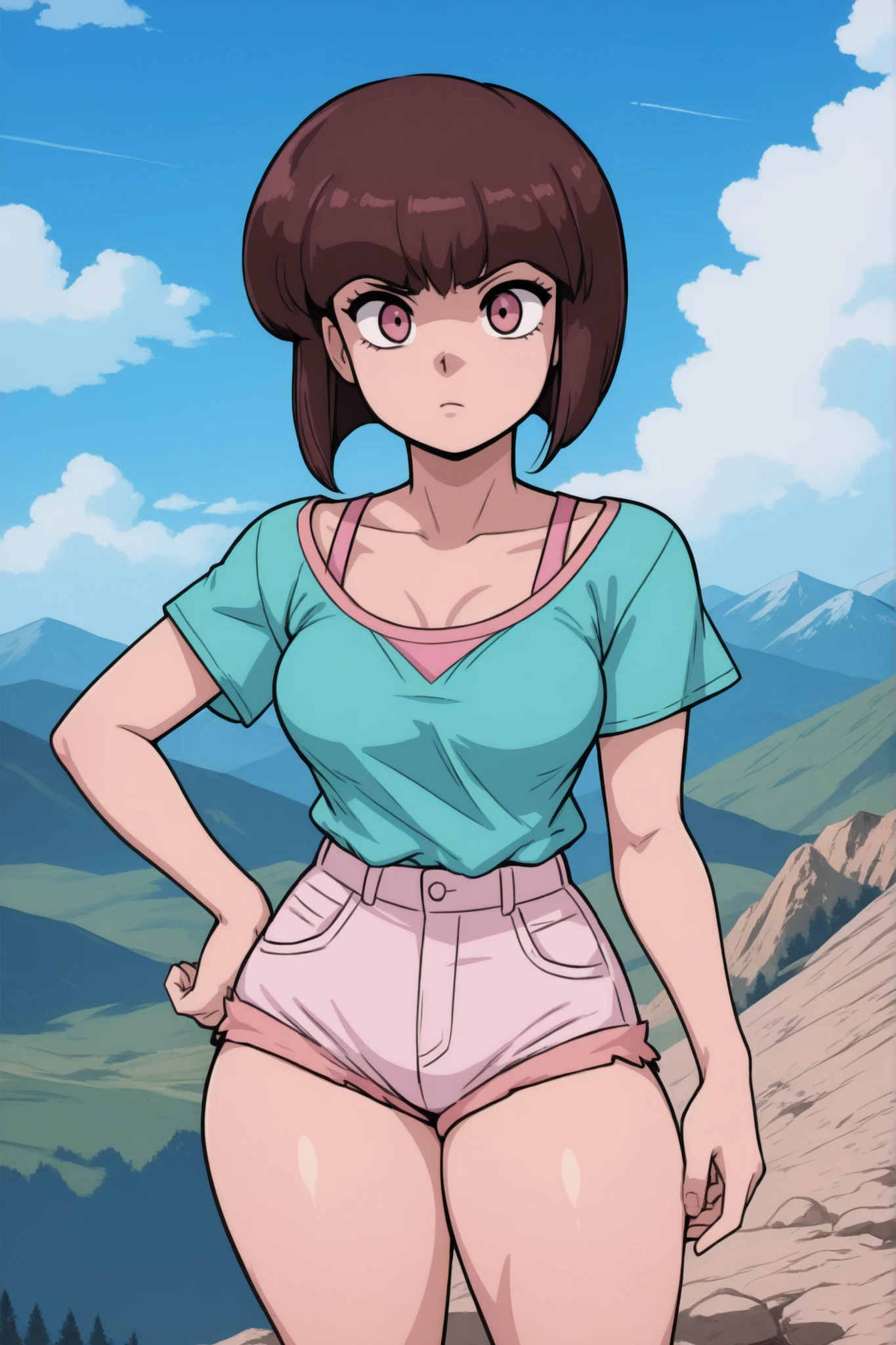 perfect face, feminine, (thick thighs:1.2), ((standing)), perfect body, medium breasts, sky cloud, mountain, Aqua shirt Pink undershirt Short shorts