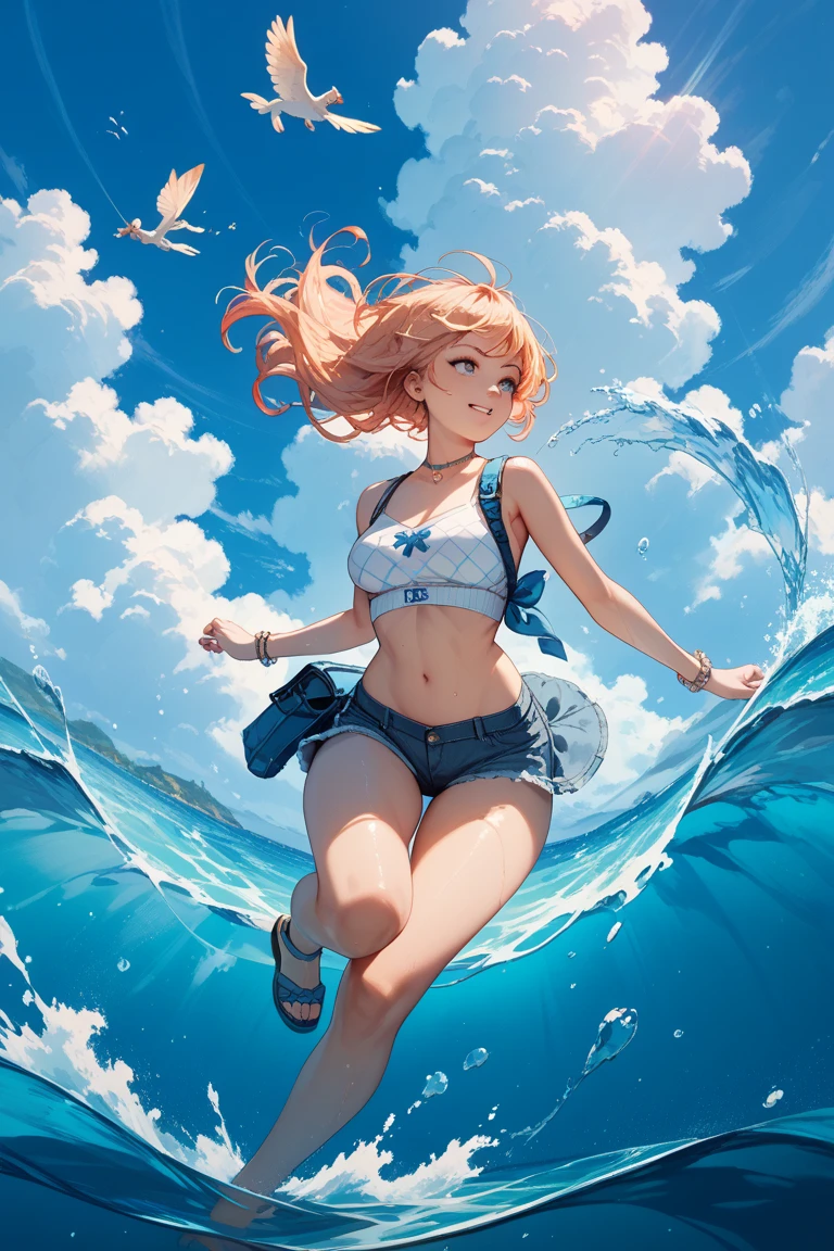 Anime girl jumping over the sea in a bikini, anime girl walking on water, Makoto Shinkai Cyril Rolando, she floats in the air, Makoto Shinkai and art germ, beautiful anime artwork, clean and meticulous anime art, beautiful fluffy clouds. anime, girl cloud, wallpaper anime blue water,