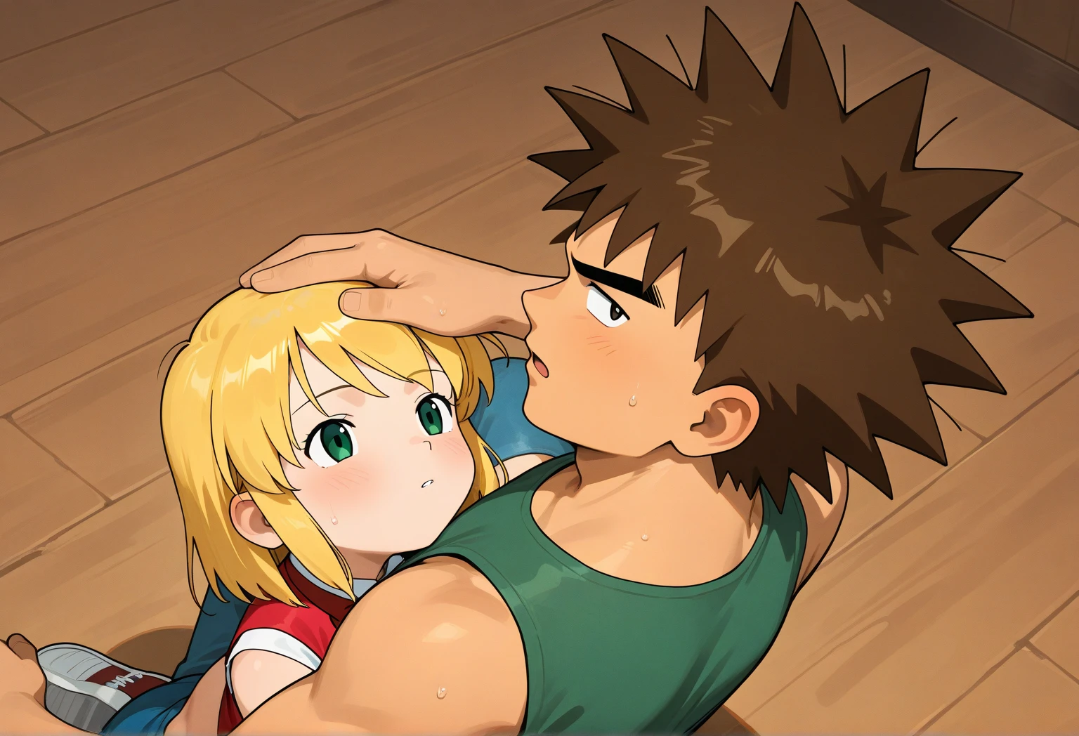 score_9, score_8_up, score_7_up, source_anime, takeda hiromitsu style, ((1girl, short stature)and(1shota boy, short stature)),hetero, (1 girl:1.4),(fighter:1.2), ,(rolling eyes:1.4),(trembling),(long hair, twin braids),straight hair, yellow hair,yellow eyes, medium breasts, pale skin,shiny skin, erectile nipples, ((She wears Gothic and Lolita clothes)), cum in pussy,(cum on clothes:1.4), cum on breasts,cum on body,cum facial, bukkake, cum in mouth,cum on hair,(excessive cum), (1shota boy, short stature:1.4),((smug)),small penis, dark-skinned shota boy,interracial, (((((hug from behind)))), sex from behind, standing sex, ((((motion lines)))), vulgarity, clothed sex, intercourse with a shota boy, (wrestling ring),