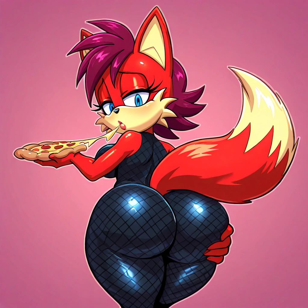 A anthropomorphic fox, wearing black swimming shorts, doing a sitting pin up pose, glitching in her eyes, curved smile, a big hole in the middle of her belly, has thick thighs, high quality, crisp,