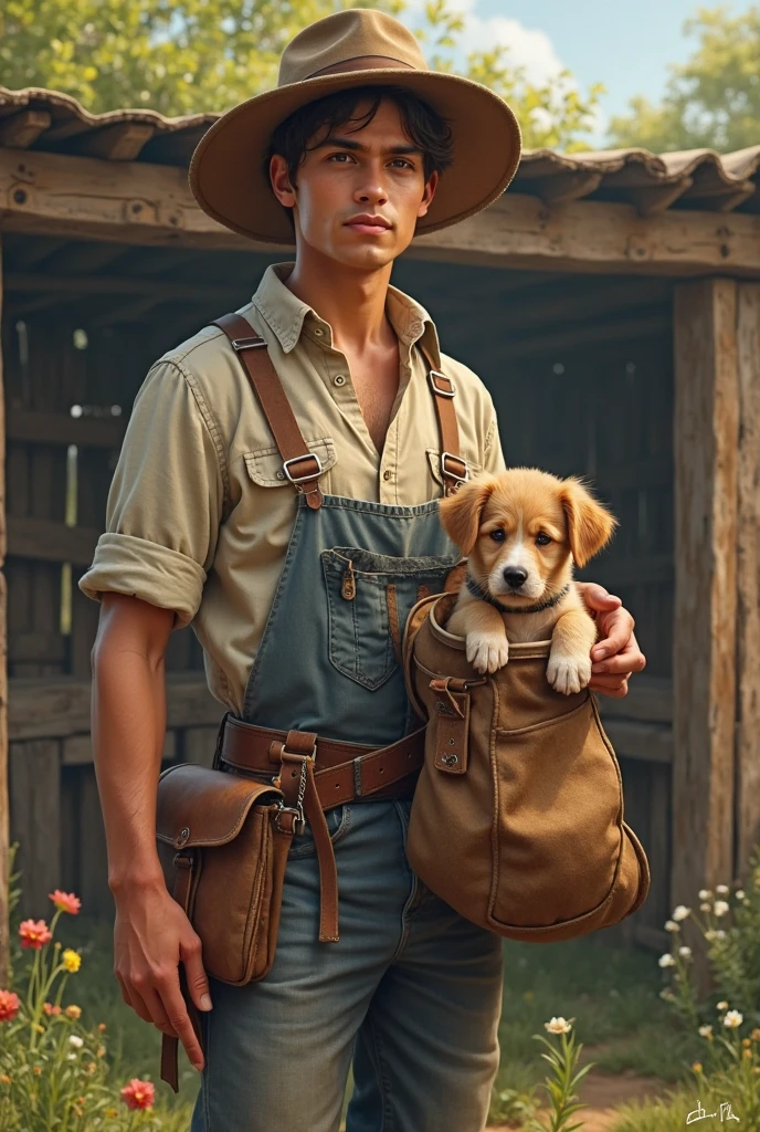 A chubby brunette boy of 8 years old, wearing cowboy clothes, cowboy hat, cowboy boots, belt with cowboy buckles and a knife tied at the waist, an orange furred dog in the background on a farm, ultra realistic details, 4k