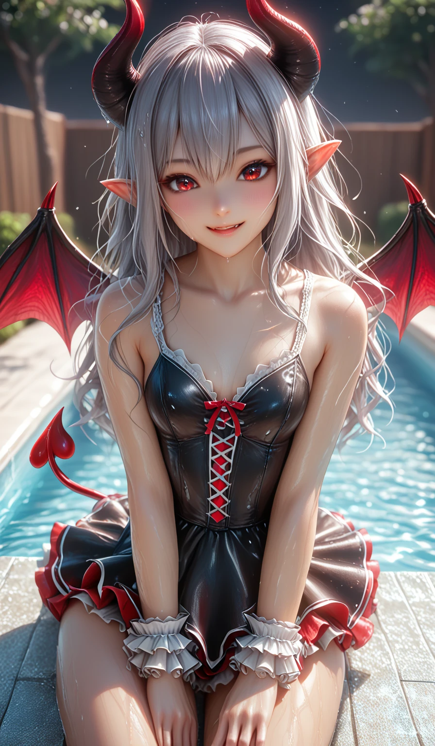 (Masterpieces: 1.2, highest quality), (Best lighting, very delicate and beautiful), (Best lighting, very delicate and beautiful), (Beautiful Detailed Face), (Detailed Eyes and Detailed Faces: 1.2), Fantasy, Vampires, (Young Girl, Little Beast, 1girl, Solo, Crazy Smile, Pale Skin, White Hair, Red Glistening Eyes, Blood Tears, Blood dripping from Fangs, pointy_ears, Fangs, Bat Wings, Demon Horns, (Blood on the face))), dynamic angle, dynamic pose, vampire vangs, (bright classroom of middle school in background, friendly, smiling, peace, studying), (depth of field), (blood splash: 1.4), cowboy shot, full body,