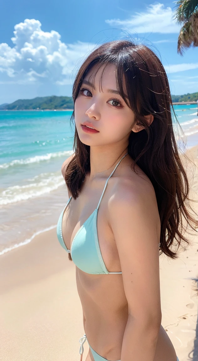 (Masterpiece, BestQuality:1.3), (ultra detailed:1.2), (hyperrealistic:1.3), (RAW photo:1.2),High detail RAW color photo, professional photograph, (Photorealistic:1.4), (realistic:1.4), ,professional lighting, (japanese), beautiful face, (realistic face), cute woman, (Big Breasts:1.5), (cheerful Smile:1.35), Trending Hair&Trending Hairカラーをランダムに, earrings, necklace, bracelet, sexly, erotic sexly, (A woman in a green bikini、She is collecting seashells at the beach and posing for sexy pictorials with a happy smile.。Her brown wavy hair is shining。:1.4), Beautiful location, (Detailed Background))