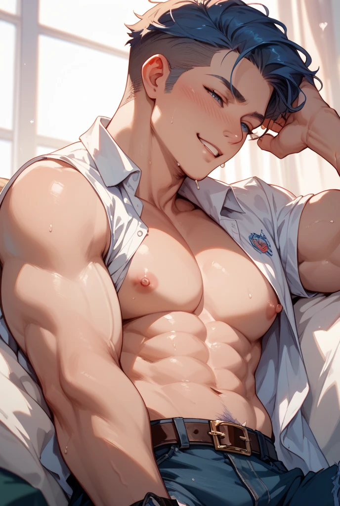 ((Best Quality, 8K, ultra-detailed, Masterpiece: 1.3)), 1boy, shiny skin, sharp, Perfect Body Beauty, realistic shaded perfect body, (cute baby face:1.1),("underwear, big bulge ":1.2),(dynamic pose:1.1), thigh , bedroom , (bulge focus:1.2)