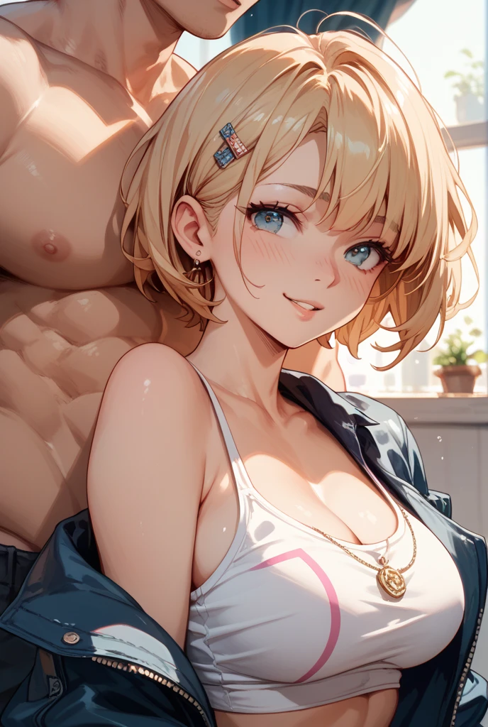 (((nude))), Very detailed、highest quality、Best image quality、masterpiece、8k、Anime Face、A kind smile、Open Mouth、((yellow middle hair:1.5))、big breast, sexy、 beautiful body 、Cowboy Shot, Sexual Intercourse, ((green eyes)), hotel bedroom, ((( Jeans))