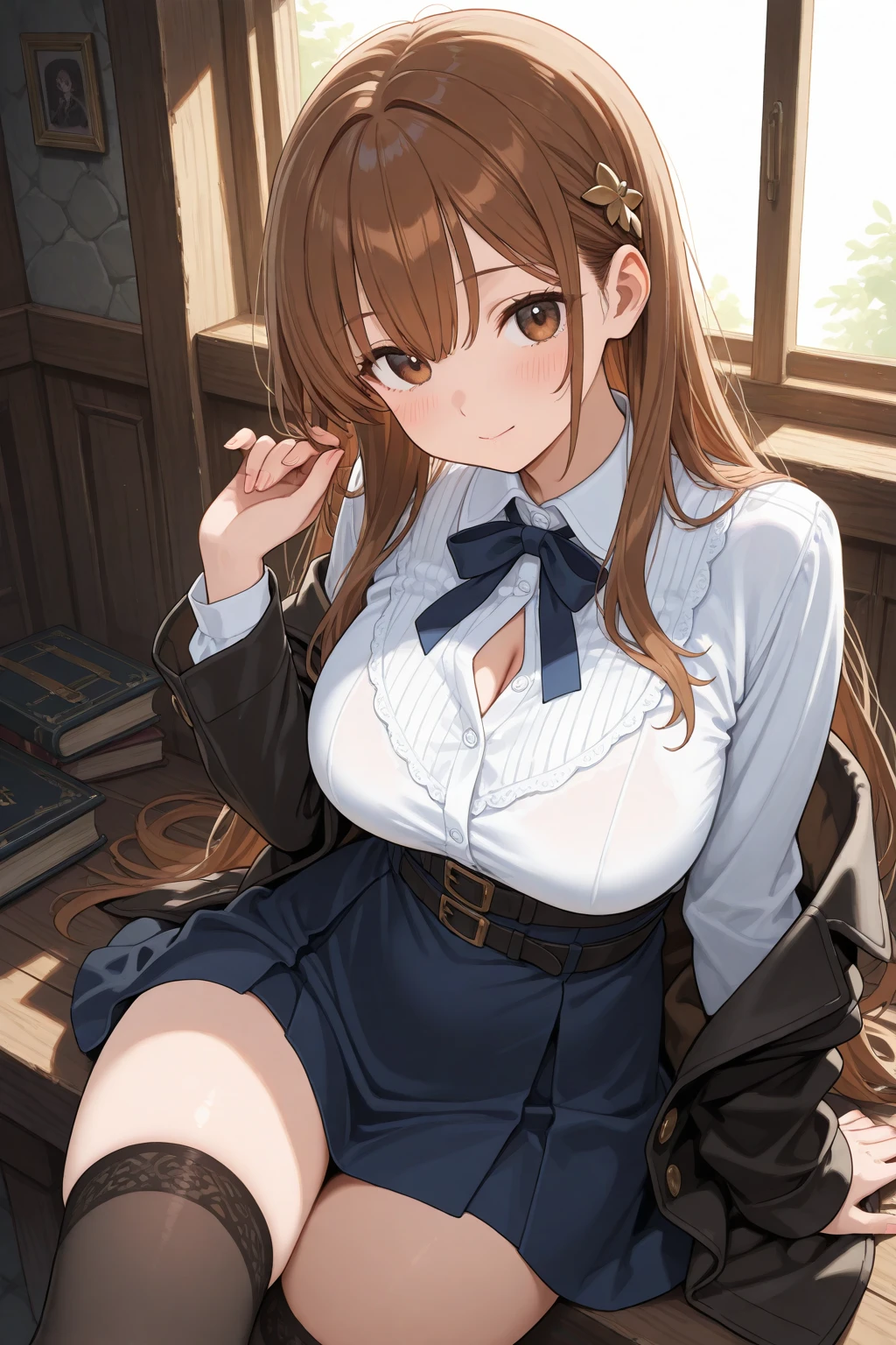 ((Correct Anatomy)),((Sit in an office chair)),((Cross your legs)),((((Black Stockings)))),((Beautiful feet)),((A shy smile)),((Lacy white panties)),((Office Costume)),((White blouse)),((Office Uniforms)),((Pleated mini skirt)),Ultra-high resolution,Mature Woman, Mature Woman, Very detailed,Extremely fine skin,Beautiful Skin,((Sweating all over the body)),(Big Breasts),((Beautiful legs)),Perfect hands, Detailed fingers, Beautiful details, ((Long Hair)),((ponytail)),Black choker, Earrings,High heels,High rise office building,Perfect Eyes, Captivating eyes