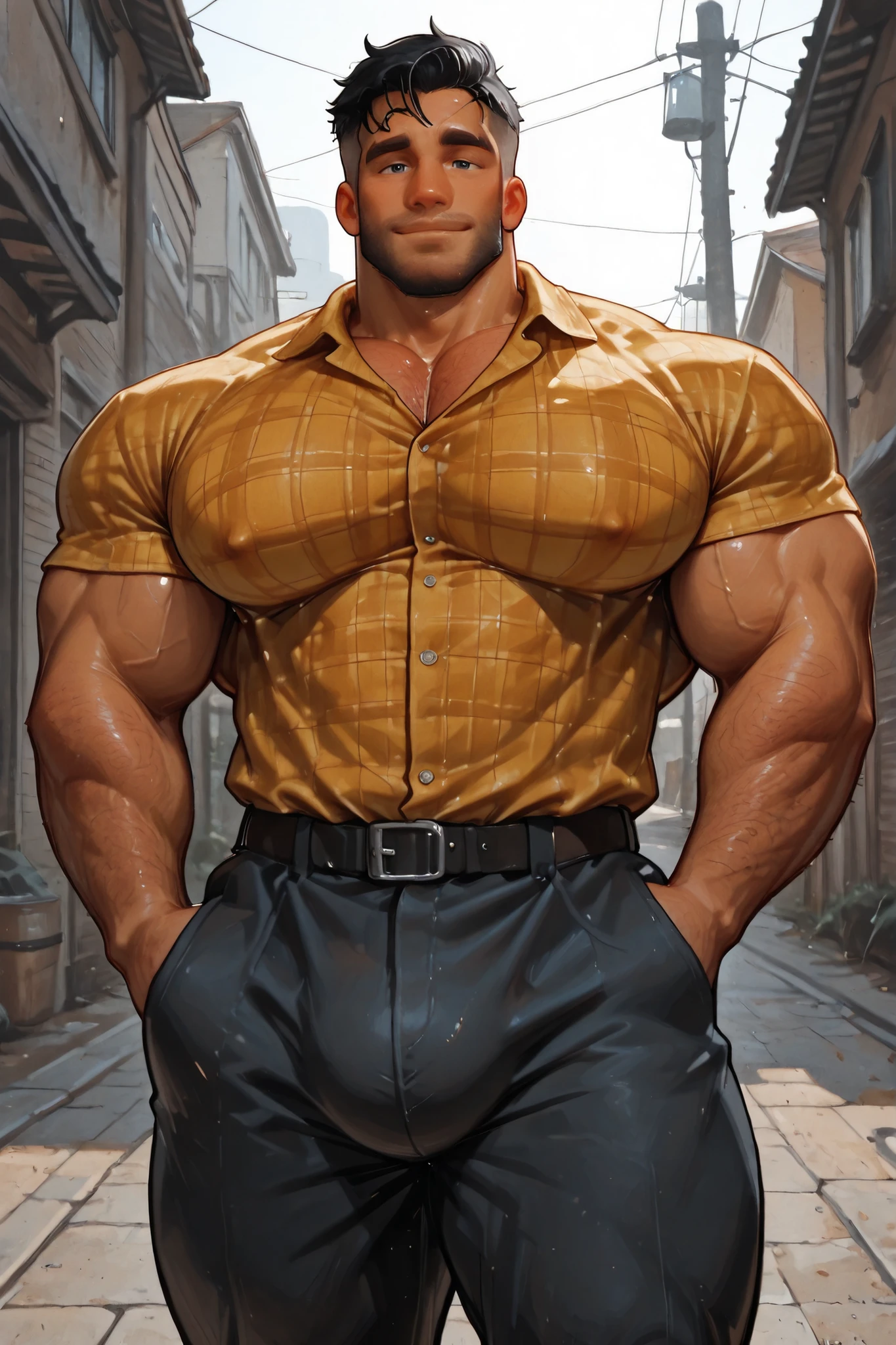 Leyendecker style illustration: muscular and inflated blonde firefighter in suspenders , age - more than 25 years in red swimming trunks , Without a T-shirt , no pants , Swimming trunks on suspenders , Chest and shoulders are crossed by braces , dirty face , in soot