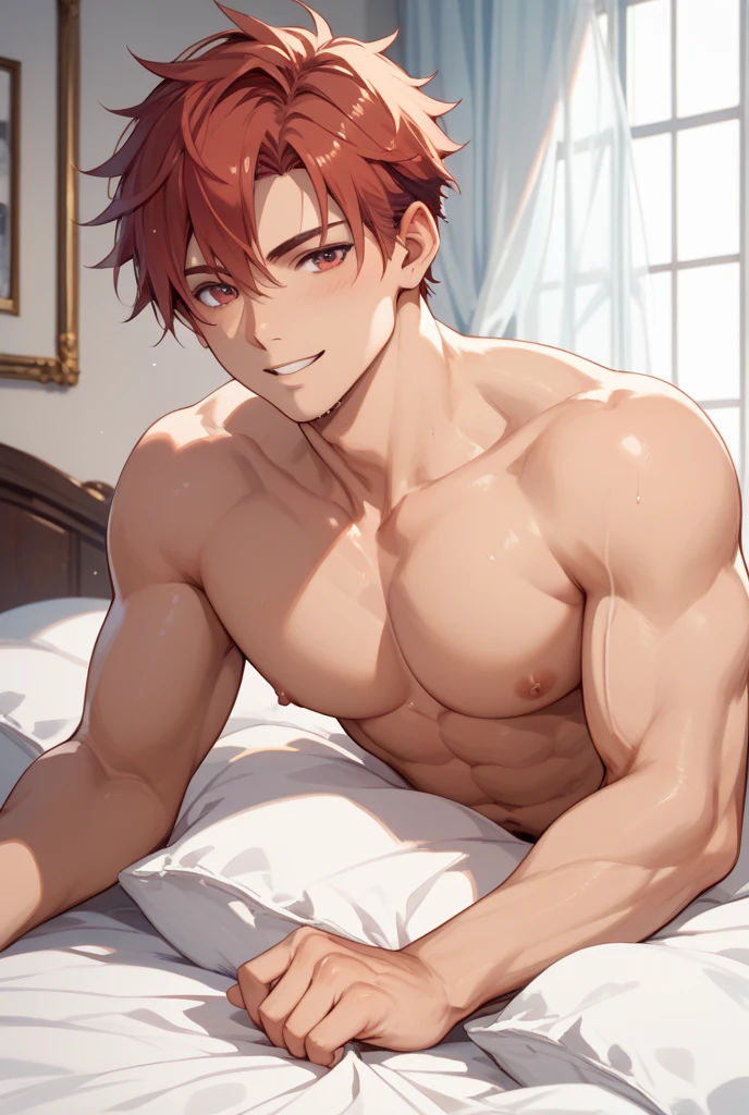 1 cute male, looking at the camera, serious, Red hair, golden eye, glasses, wearing no shirt, Athletic Belt, lying in the bed, japanese house , Handsome boy, hot body, wearing no shirt, black neck necklace, Athletic Belt, bulge Calvin Klain Blue underwear, hands behind head, cute male, wearing no shirt, Athletic Belt, , cute boy) hot body.
