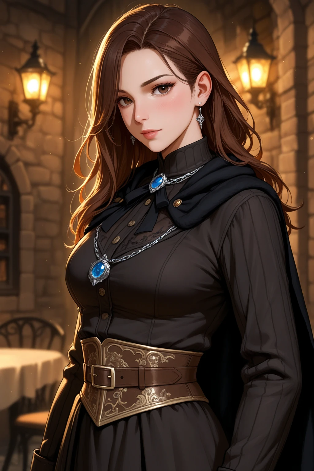 young girl, teenager ((16 years)), witch, bruja, hufflepuff, yellow clotes, hogwarts al fondo, hogwarts, noche, night, Renacimiento,renaissance, muy detallado, Realistic long-term photography., 4k, pelo largo, brown hair, By the chestnut, labios rojos,red lips, brown eyes, big breasts, pechos grandes,