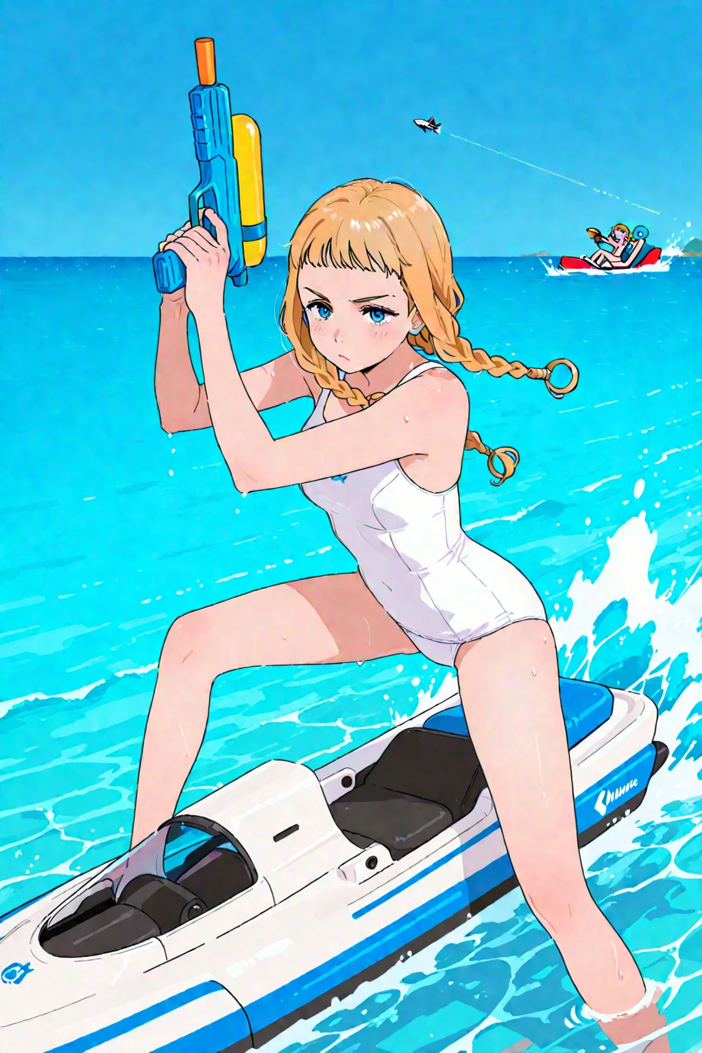 Anime girl in swimsuit standing on the pool, swimsuit, swimsuit, fleet body collection style, wet swimsuit, retro swimsuit, pixiv 3DCG, small curvy loli, monokini, high resolution commission, on the beach, in the sea, next to the pool