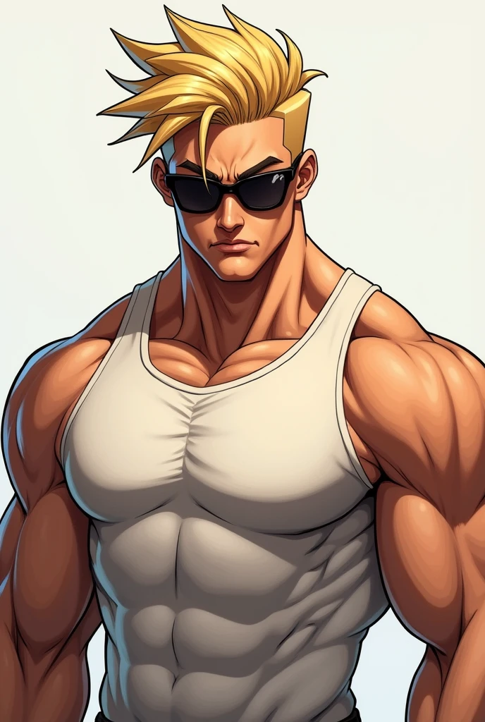High school teenager, cool boy, handsome and masculine face, short blonde hair, green eyes, full mouth and pink lips, sensual smile, broad shoulders, muscular chest, huge peck, huge ass, huge legs. He wears a baseball cap, a low-cut tank top, ripped jeans, and red All Stars sneakers.