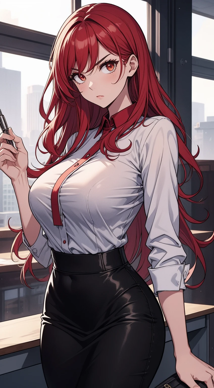 (Masterpiece, Best Quality, High Quality:1.4), professional artwork, Intricate Details, field of view, sharp focus, detailed painting, masterpiece, cinematic lighting, trending on pixiv, (vivid lighting, vibrant colors, by Nagasawa Rosetsu:1.05),
Hiroko Takashiro, (mature female, milf:1.1), solo, (curvy:1.1), sitting on an office desk with crossed legs, office, (full body shot:1.1),
(red hair:1.05), long hair, lipstick, makeup, ultra detail hair, ultra detail face, (purple eyes:1.05), perfect eyes, perfect face, earrings, (confused, blush:1.2),
shirt, jacket, (black thighhighs, garter belt:1.1), zettai ryouiki, pencil skirt, yellow bow tie, office uniform, highheels,
(Large Breasts:1.1), Cleavage, big ass, thighs,