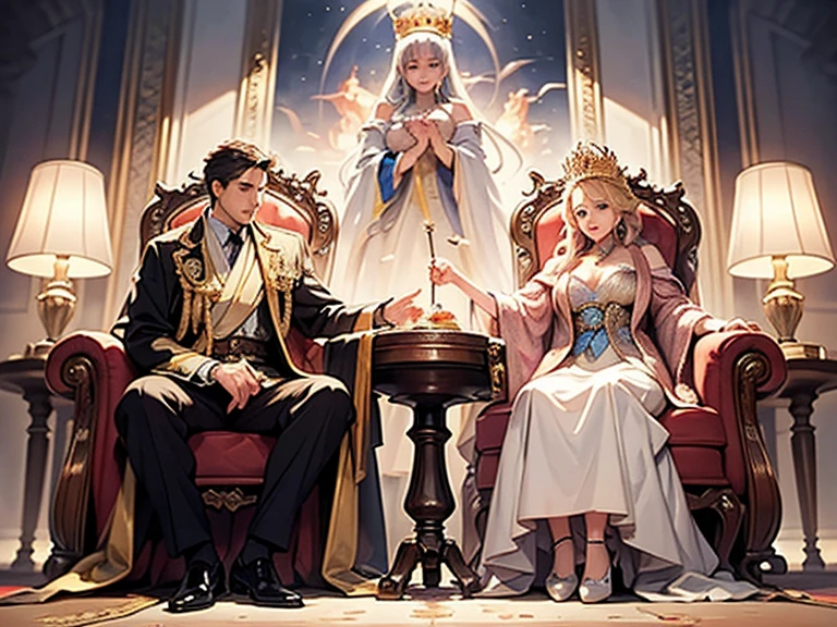 Make me a hybrid male king and female queen, elegant, expensive and colorful clothes, I want something elegant that represents the monarchy
