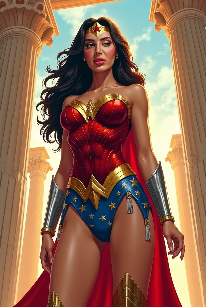 Art image of Monica Belluci as Wonder Woman, busty, beautiful, black hair, large breasts, ancient Athens background, by Louis Royo, Boris Vallejo, Frank Frazetta, extreme focus, sharp details, sexy, oily skin, sexy, naughty, dynamic pose