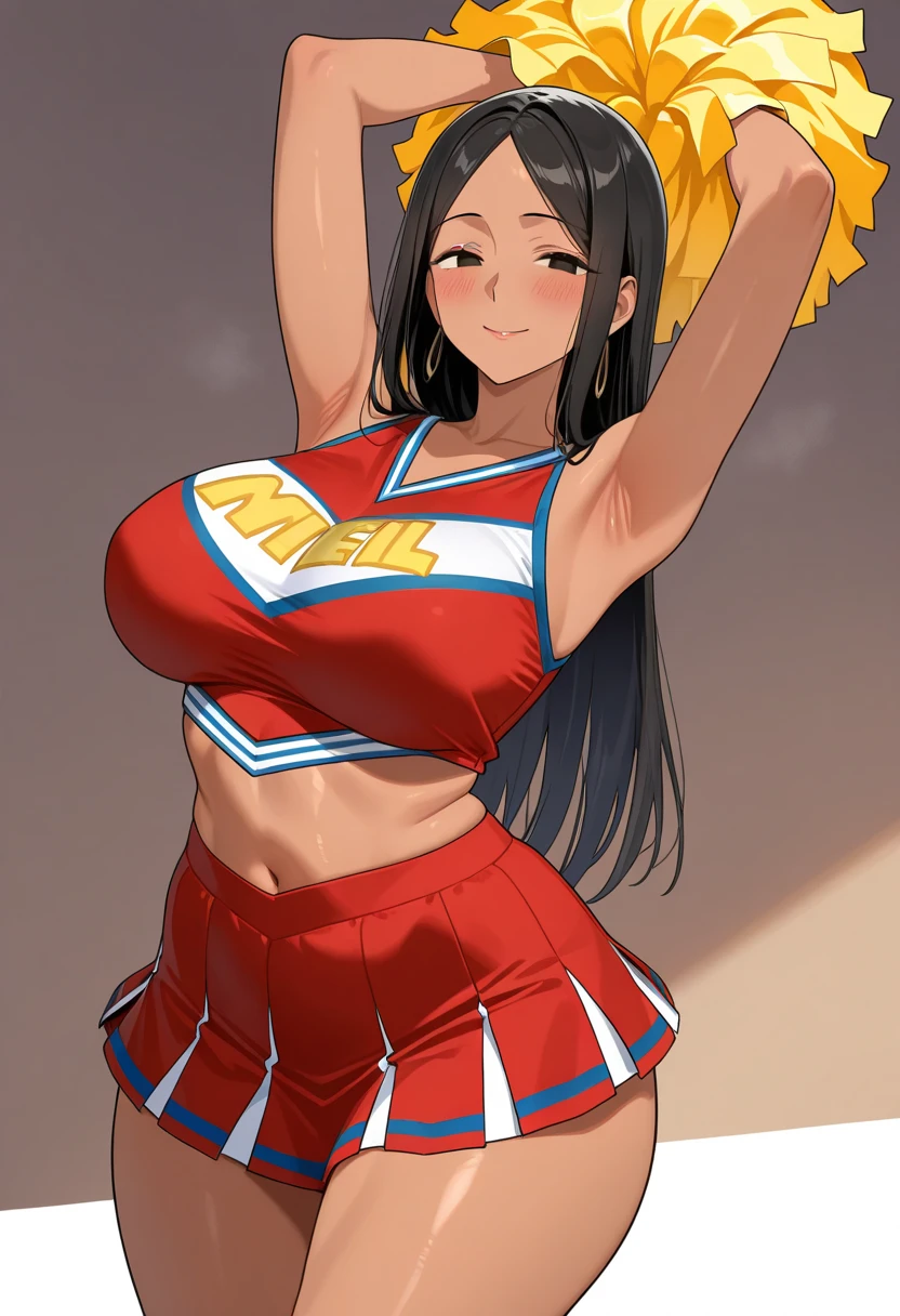 masterpiece, best quality, highres, long hair, headgear, mechanical halo, large breasts, cheerleader, pom pom \(cheerleading\), smile, standing, outdoors, stadium, (gigantic breasts:1.3), curvy body, sfw, 1990's anime cels style,