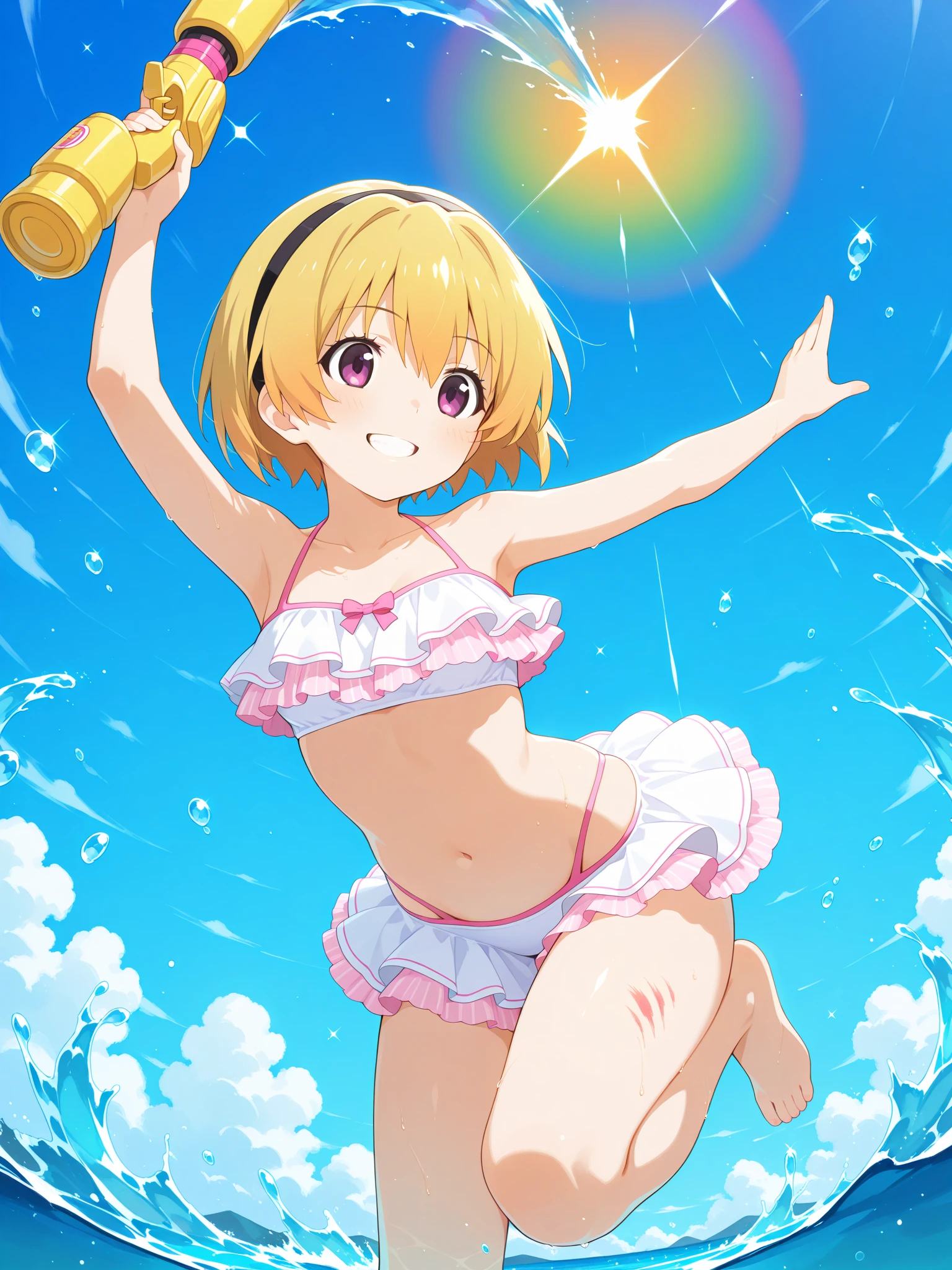 1girl, nsfw, houjousatoko, short hair, blonde hair, purple eyes ,hairband, , , empty eyes , large breasts, nipple, Running, ,, Heavy snowfall area, frozen, wet, crying, mountain, Alone,, Naked, solo, 1girl, amusement park , Peeing, lactation, projectile lactation