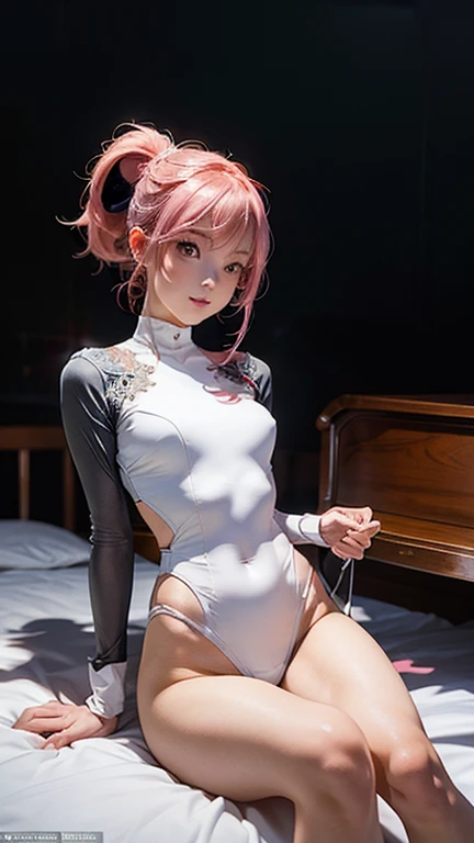 (8K, top-quality, masterpiece:1,2), (reallistic, Photorealsitic:1.37), Super Detail, One girl,), (Highly detailed), (beautifully detailed eyes), (of the highest quality), (super detailed ), (masterpiece), (Detailed face),20yr old, ,1 girl, full body, pink hair,Very short hair, medium breasts, clothed, Perfect Lighting, pussy and breast focus, looking at viewer, aroused face, naughty face, ((White and blue Chinese style leotard))、(highleg)、Tiara on the head