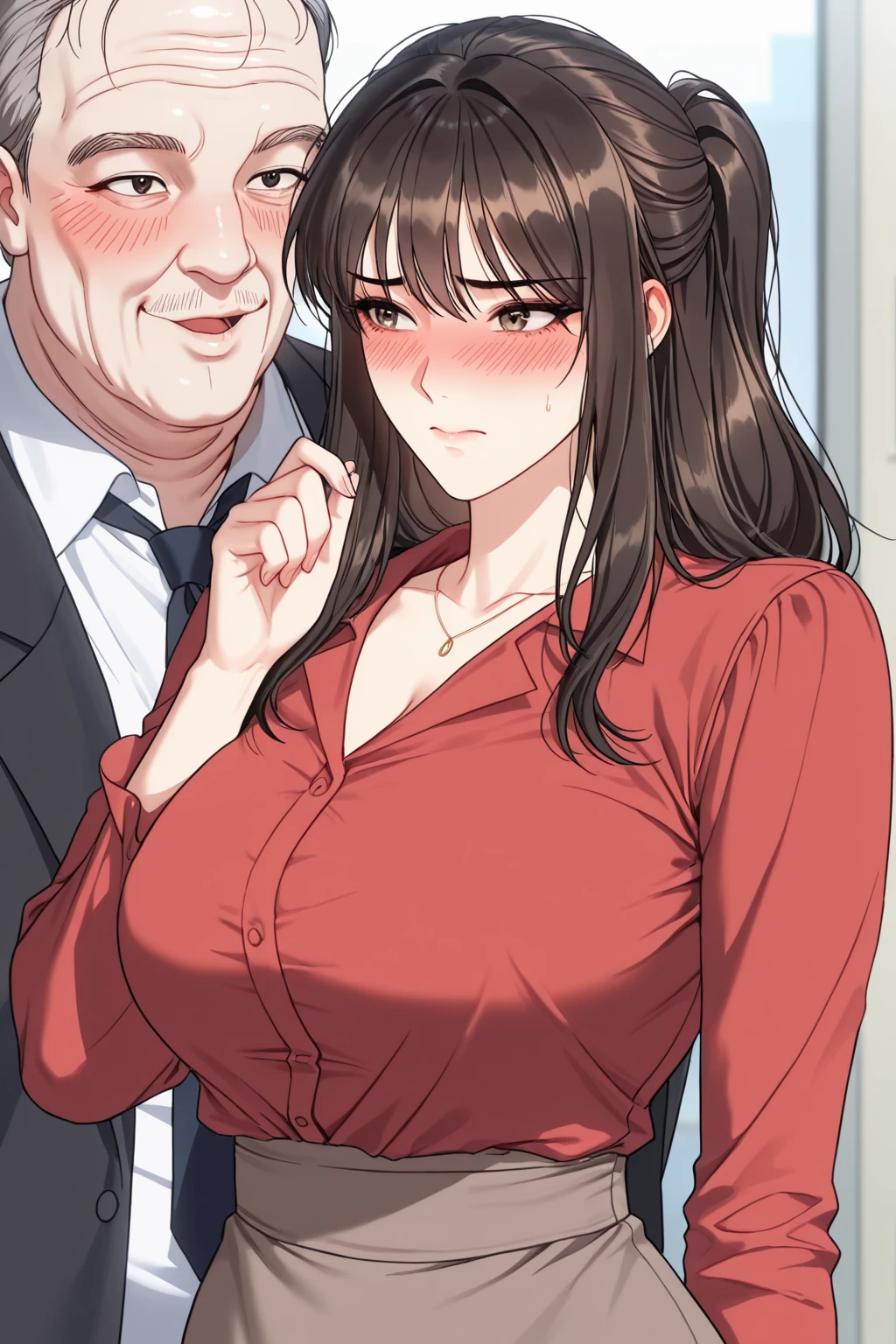 Hot sexy beautiful cute milf hugging with ugly fat old man in office cabin ,top,black pencil skirt, silver chandelier earrings,big breasts,  lipstick,makeup, black hair bun,two falling hair strands,blush,short hair 