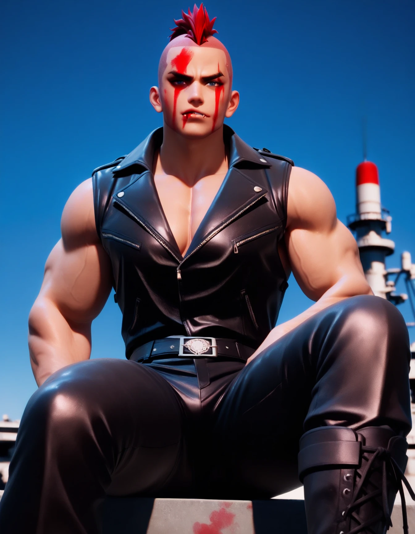 Muscular man, defined body, developed body, kung fu fighter, red blouse with buttons, long black pants of black color, black belt at the waist, spiky hair, short hair of black color (hair with pink locks at the ends), wrestler's shoes, look of tiredness, sitting on the burdens of an old warehouse, abandoned warehouse of the interior, medieval setting.