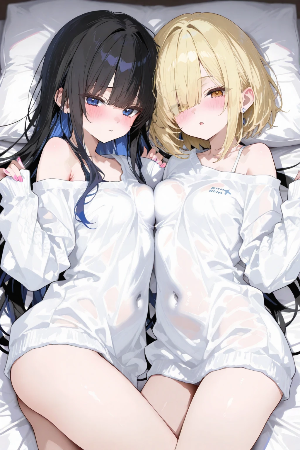 (((High resolution:1.5))), (((Very detailedな:1.5))), (((Two Girls:1.3))),((７Head to Body:1.3))、 (((White bed,Bright interior、Midday light background)))、(((Happy expression))), (((smile:1.5)))、(((Beautiful and detailed eyes:1.3))), (((Very detailed))), (((Details face:1.5))), break ,sunny、(((Small waist、Very delicate body:1.5)))、(((Flat Chest:1.3)))、((Small waist))、(((Hair Color:Blonde、Hairstyle:short hair,Twin tails:1.5))),Normal limbs、(((thigh gap:1.3))),(((dakimakura:1.5)))、(((NUDE:1.5)))、