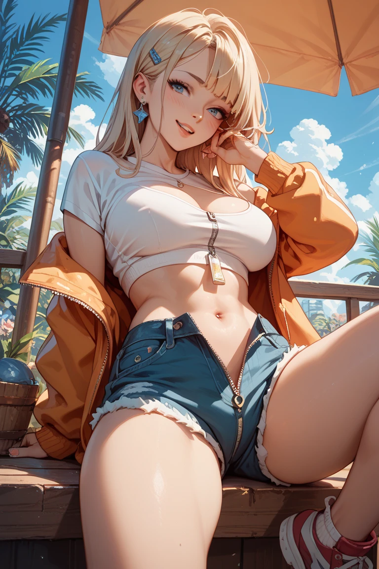 最high quality、best image quality、masterpiece、teenage girl((18-year-old、 By becoming、vest bust、medium bust,wide open breast tea、black eye, blonde hair、Habitual hair、long hair、thin,highest valley、blue shorts、Holding a plastic bottle、smug face、peace sign、paint marks、black aloha shirt、squat、open your legs、sweating)),high quality、beautiful art、background((Hawaii、Waikiki、Palm tree))debris flies、Depth of written boundary、movie、visual art、perfect art、8K,genuine