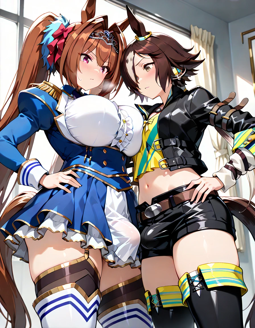One woman、Beautiful woman、Thick thighs、Best image quality、High resolution、masterpiece、super high quality、Squat with your legs apart、Super big ass、Striped bra、striped panties、Panties are visible through a very short pleated skirt、Big Ass、Large Breasts 、Blushing、4K quality、Blushing、Proud face、Wearing black knee socks、bed、Squat with your legs apart、Panty shot、Sweaty all over、Heavy breathing、Chest is bobbing up and down、heart、Condescending look、Low Angle、Zoom in on the crotch、(From below:1.2)、Sit on the living room sofa with your knees raised, Spread your legs、(Back pose:1.3) or (Back view:1.2)