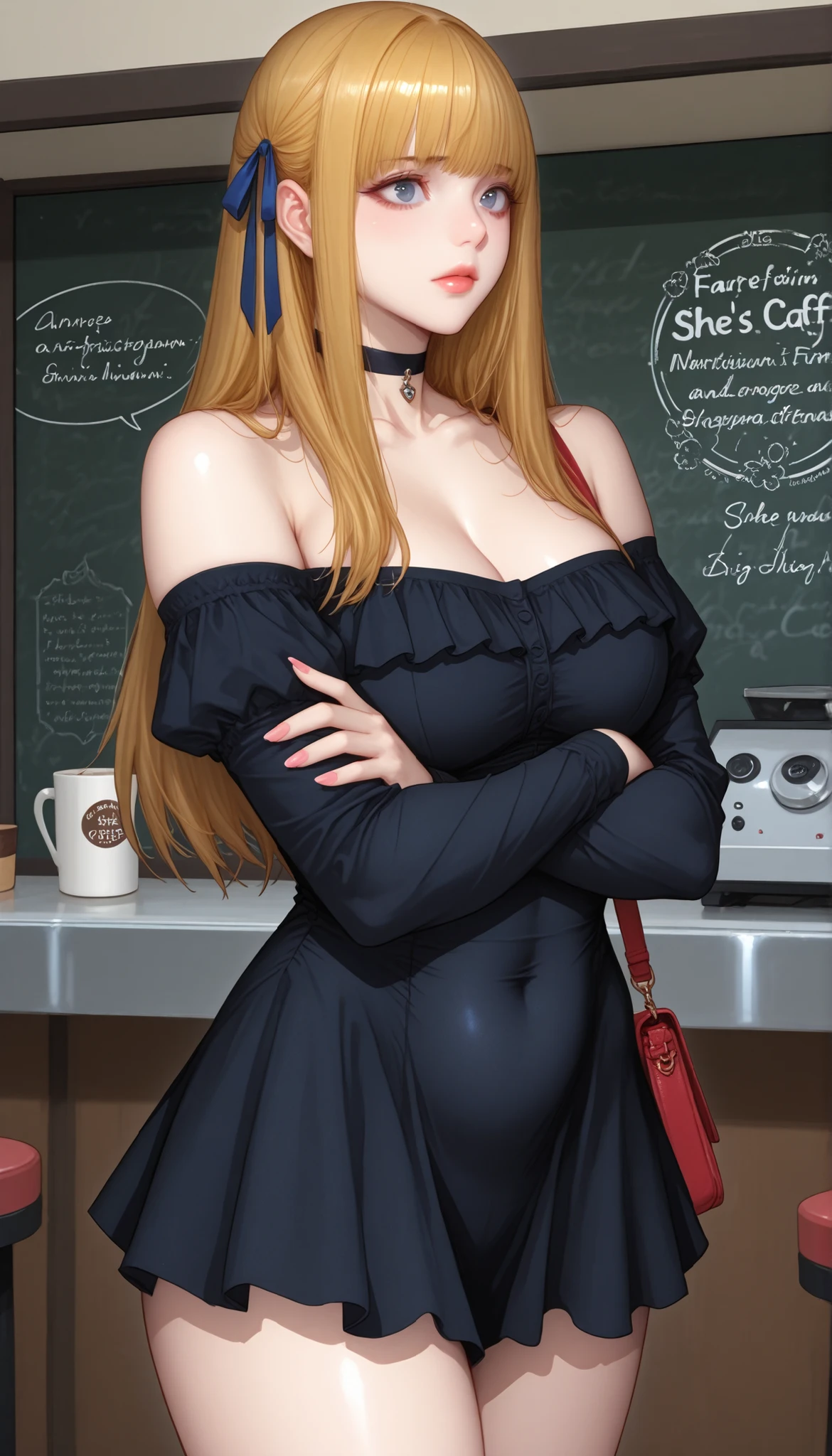 (PONY XL) Liya - FITNESS [ MANHWA], gorgeous pretty adult woman with orange-blonde long hair, forehead hair bangs, big blue eyes, fair natural skin, pink nails, small yet slightly plump breasts, small waist, plump light-red lips, and a perfect slender body. She's wearing a revealing mini short off-shoulder tube black dress with attached long tight palm-length sleeves and round neckline, a choker, and one hair ribbon on the side. She's standing, arms crossed, plain expression, carrying one strappy purse over one shoulder, and is in a big cafe. Show from her head to knee, SOLO, and super hyper-detailed.