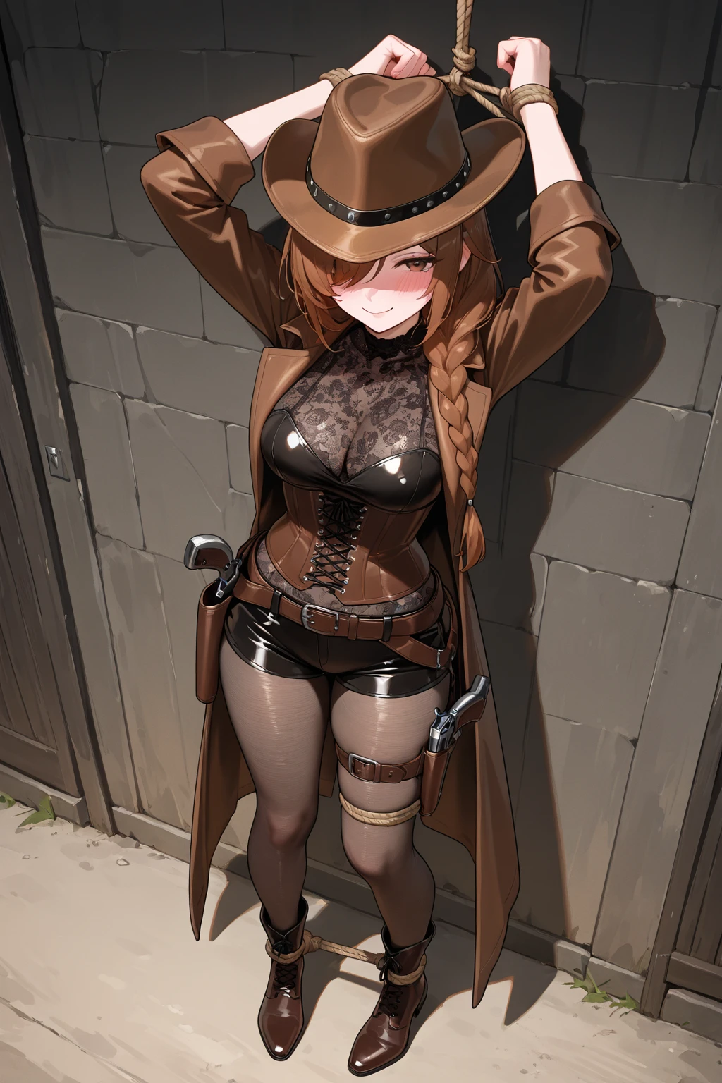 adult girl, long curly orange hair, Orange Eyes, black dress and hat, ssmile, Masterpiece, hiquality