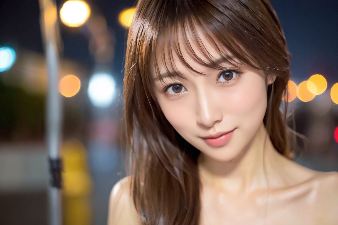 (logo, masterpiece, 8K, Tabletop, RAW Photos, wonderful, 最high quality, Photorealistic and very detailed CG composite 8k wallpaper, high quality, Very detailed, Narrative poem, Particle Effects, Dynamic Effects, Depth of the Boundary, Cinematic Light, Lens flare, Ray Tracing), short hair beautiful young woman, Hair tied back, high detail skin, very fine, fine skin texture, beautiful face, realistic eyes, beautifully detailed eyes, realistic skin, beautiful skin, surreal, smiling eyes, Hair and light eyes, Vibrant, Colorful lights and bokeh. The lighting casts a warm glow on her face and hair, Blue glow, Water surface reflection, Creates a dreamy and magical atmosphere, Big Breasts, Brown Hair, short hair, plump lower lip, pink blush on the cheeks , pink lips, brown tight no-shoulder knit sweater