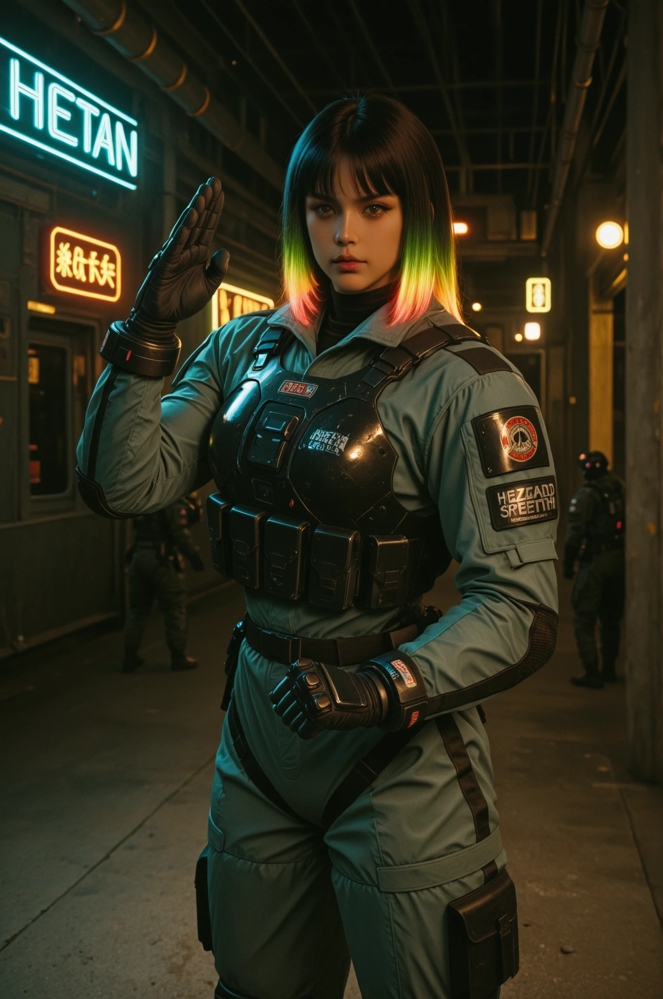 Highest image quality, outstanding details, ultra-high resolution, (realism: 1.4), the best illustration, favor details, highly condensed 1girl, with a delicate and beautiful face, dressed in a black and green mecha, wearing a mecha helmet, holding a directional controller, riding on a motorcycle, the background is a high-tech lighting scene of the future city.