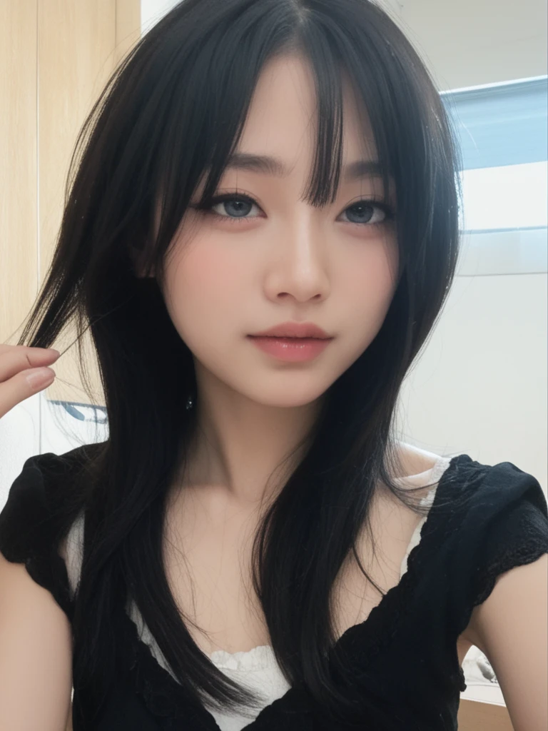 ulzzang-6500-v1.1,(raw photo:1.2),((photorealistic:1.30)), ((best quality)) ,((masterpiece)),((Ultra High Resolution)), ((Clear View)),,Ultra-high resolution,Clear face,(Reality:1.4) , illustration, an extremely delicate and beautiful, extremely detailed ,CG ,unity ,8k wallpaper, Amazing, finely detail, masterpiece,best quality,official art,extremely detailed CG unity 8k wallpaper,absurdres, incredibly absurdres, huge filesize, ultra-detailed, highres, extremely detailed,beautiful detailed girl, extremely detailed eyes and face, beautiful detailed eyes,light on face,cinematic lighting, 1girl, 独奏, long hair, black hair, bangs, smile, (Good), Underwear,