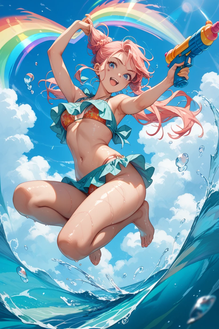 One young and beautiful woman,(Highest quality,Extremely detailed depiction,Incredibly absurd high resolution,Anatomically accurate depiction,A face with attention to detail, Eye for detail,Perfect body,Two curvaceous legs),(Squadron Hero Pink),(Glowing Skin,Shiny skin,Oilskin),Sentai hero's white and pink costume,eyelash,eye shadow,eyeliner,mascara,(Intensely glowing purple eyes,Crazy Eyes,A seductive smile,Glossy Lips),Sweat,whole body,Seducing pose on bed,background:Bedroom at night