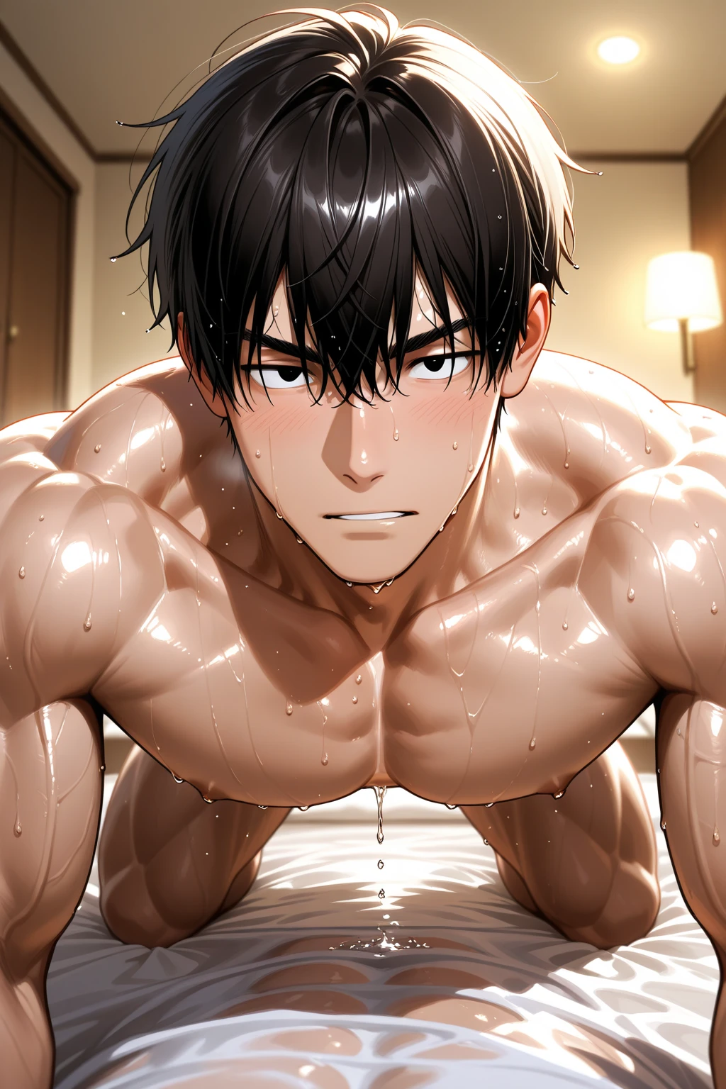 high quality, (tanned japanese teen boy), (detailed eyes), (black hair), (abs), naked,(tanned dark shiny skin), (detailed puffy nipples), (orgasm:1.3),(boy's face),cum on face,