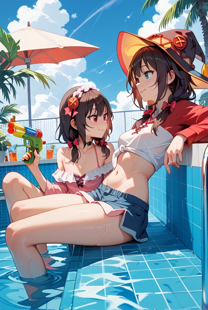 best quality, masterpiece, (lively pool party;1.2), (sun glasses, beach umbrella), ((wearing shirt)), (arknights), 4girls, smiling, enjoy
