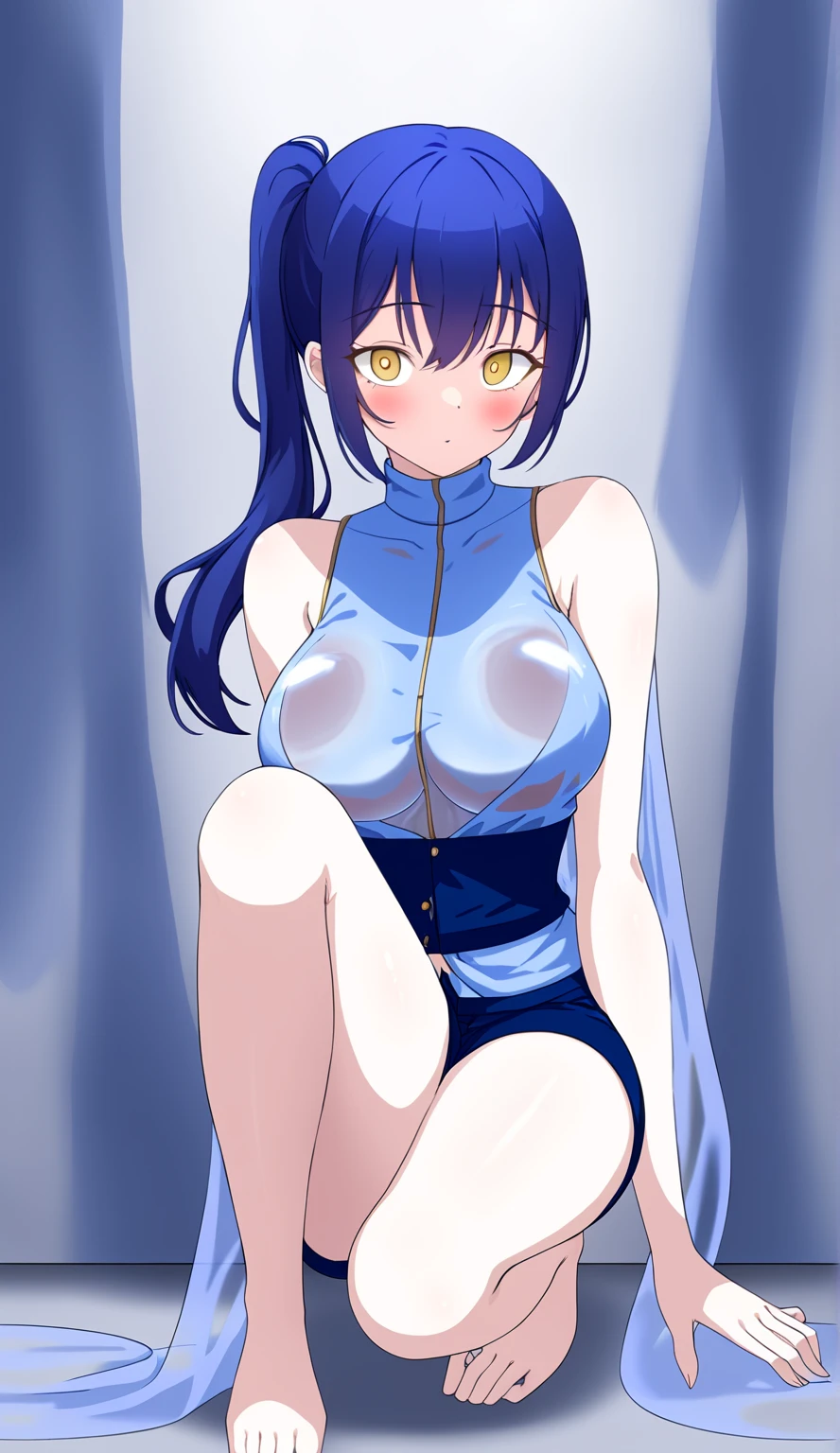  (masterpiece:1.3), (Best Quality:1.3), (Ultra-detailed:1.2), ((kawaii)), Cute, (lovely), ((sexy)), ((Extremely detailed)), 4K, (8K), Best Quality, (Beautiful), Illustration, anime style, (bold line:1.2), Gradation, looking at viewer, //, (bent down:1.1), (arms behind back), //, a cute girl, 1girl, (solo:1.2), gleaming skin, //, (big nude chested), (Perfect eyes:1.2), (Perfect iris:1.2), //, blue hair color, (beautiful eyes) //, (half closed eyes:1.3), (sexual expression:1.2), Fascinated expression, smile, (blush:1.2), //, , Emphasizing cleavage, (down blouse), mini Skirt to see underwear, //, modern pink restroom, on bed, xposed abs, hard abs