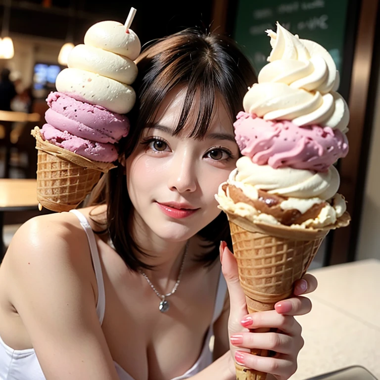 best quality, masterpiece, ultra high res, 8K, raw, (photo realistic:1.4), professional lighting, sharp focus, 1 girl, (detailed background:1.5), kyoto street, slender, day time, cute, baby face, smile, non make up, big black eyes, tiny breasts, black hair, detailed clothes, crop_top, wide pants, holding, food, tongue, eating, licking, ice cream, ice cream cone,