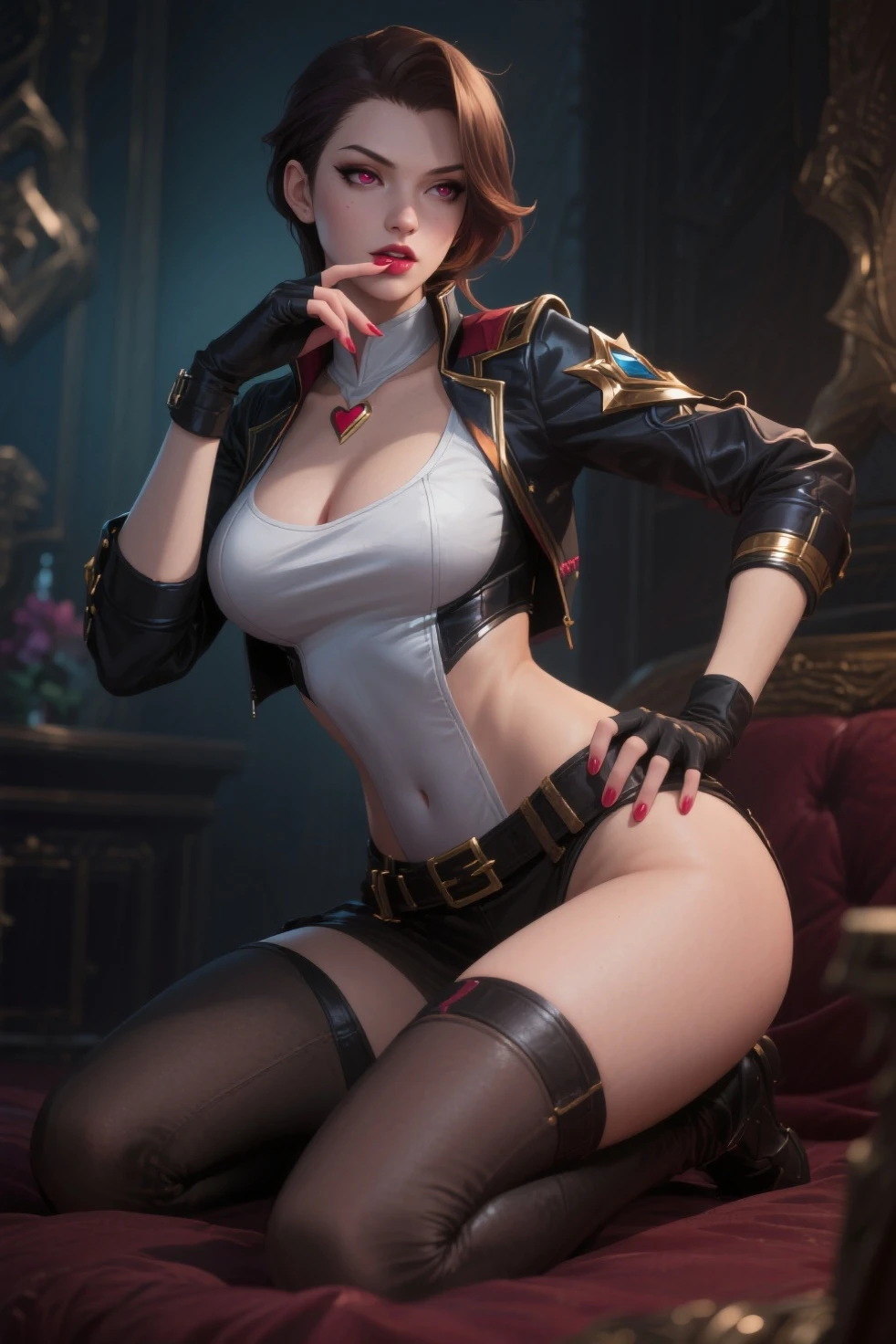 A cartoon girl with straight black hair and blue eyes, wearing a black and white bikini with a top hat and a wand. She has a red bow tie around her neck and a pair of black stockings and shoes. She is performing a magic trick with a sparkle in her eye and a rabbit in her hat. She is Zatanna., CGI with clear focus, Photorealistic, high detail, Realistic, Masterpiece, absurdress, Best Quality, HDR, hiquality, hight resolution, Extremely detailed, 8k wallpaper, intricate details, 8K UHD, Full-HD, (foto realista:1.2), Contrast, sharp lighting, Cinematic lighting, natural lighting, hard light, Backlighting, Global Illumination, Environment Occlusion