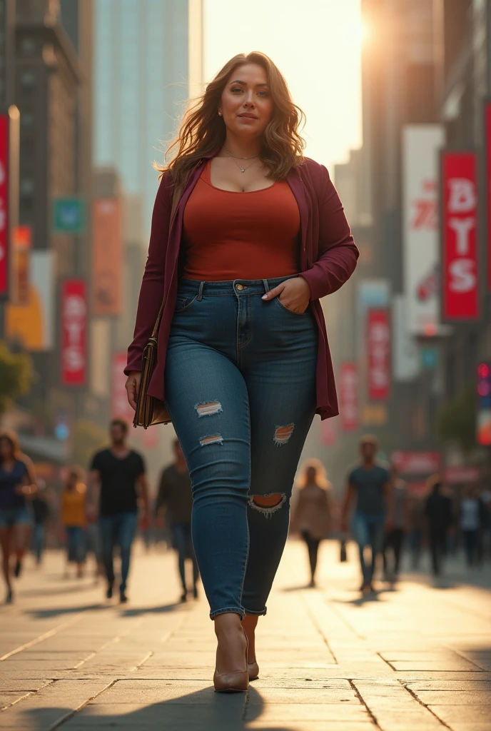 <lora:Margo Winchester_epoch_15:0.8>, 1girl, solo, (margo_winchester), (dazzling smile), 70s fashion, large sweater, tight jeans, large breasts, rings, jewellery, (insanely detailed, masterpiece, detailed eyes, best quality), full body shot, standing on a city street