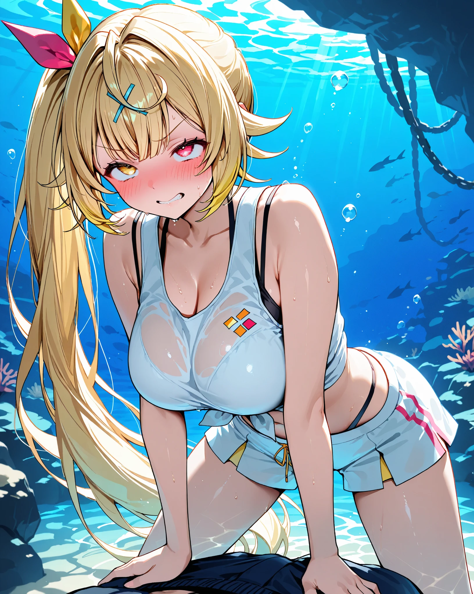 A woman with big ,Gorgeous woman,Mature,((ahegao)),Beautiful Wife,Long blond hair,Exquisite,Transparent shirt,Pleated Skirt,Slim waist,Showing belly,Smooth legs,blush,Scuba diving,In the ocean,