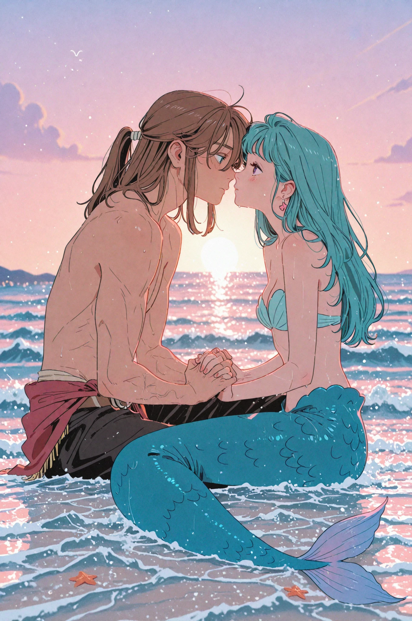 Improved traits, melhor qualidade, sea in high resolution. Um homem e uma mulher ruiva no mar, pele molhada detalhada. ((Pele molhada)) ((cabelos molhados)) They're both on their backs, ele tem tattuagens nas costas.