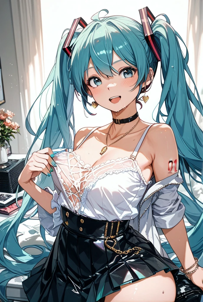 Hatsune Miku, beautiful 18 year old girl, masterpiece, Best Quality, 8K animation, Detailed fingers, Precise fingers, Not unnatural hands, illustration, 1 girl, Alone, short pink bob, Golden crown, flower fur ornament, droopy eyes, Red mini skirt, camel toe, huge tits, giant tits